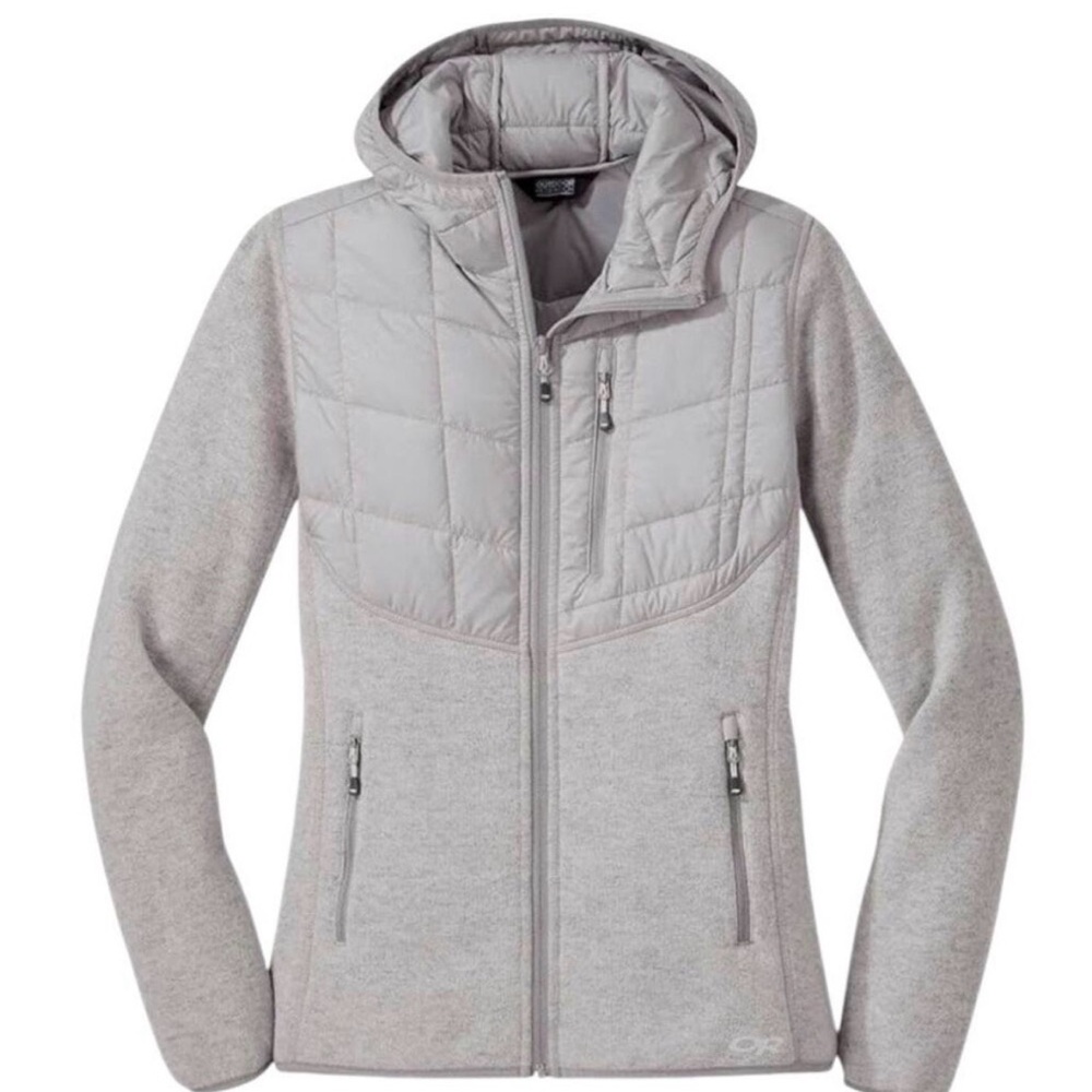 Outdoor Research Women’s Vashon Hybrid full zip hoodie in light grey/sand color